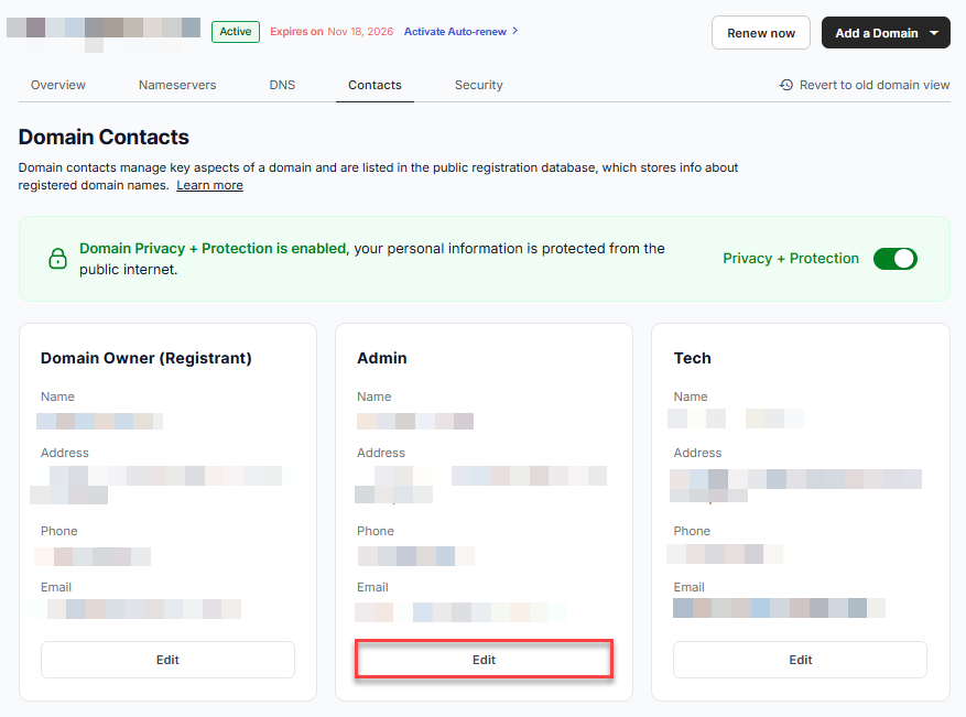 edit domain contact admin