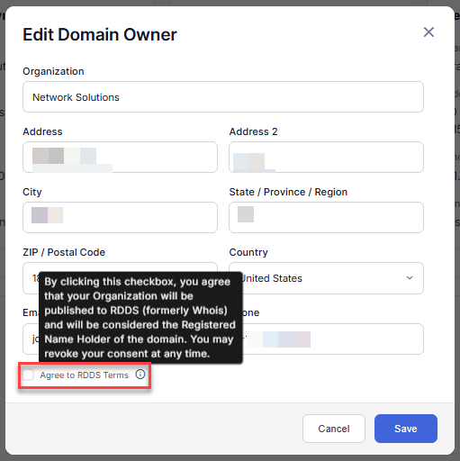 Account information page with RDDS checkbox