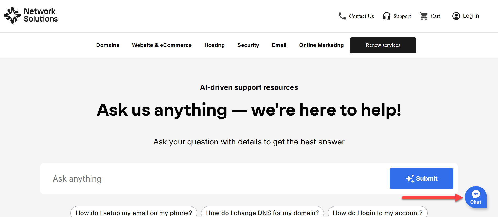 Network Solutions homepage chat bubble