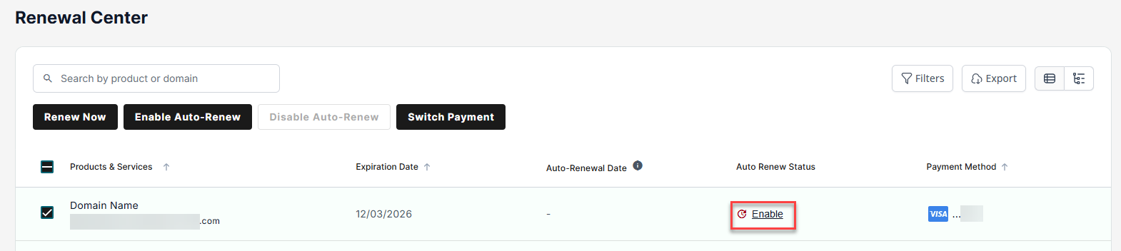 Renewal Center Auto Renew Status, enable auto renew link