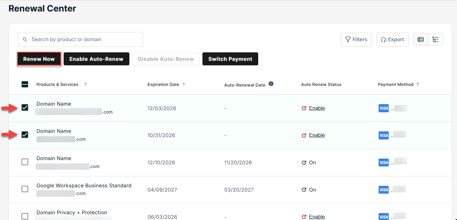 Checkbox for specific service selected and the Renew Now button