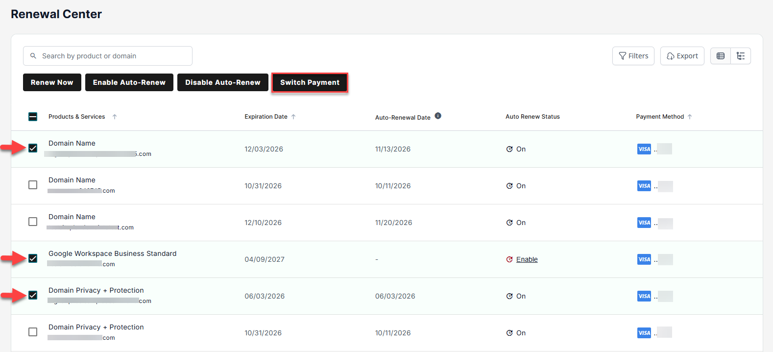 Checkbox for specific service selected and the Switch Payment button
