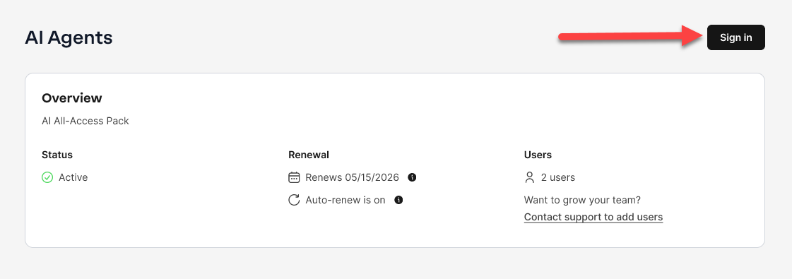 AI Agents Overview page - Sign in button