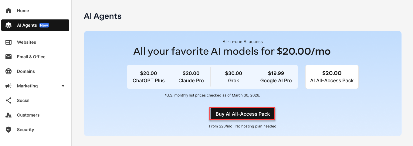 AI Agent tab page showing Buy AI All-Access Pack button to purchase