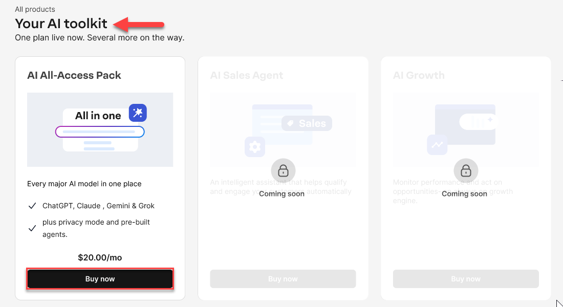 AI Agents page showing Your AI toolkit section