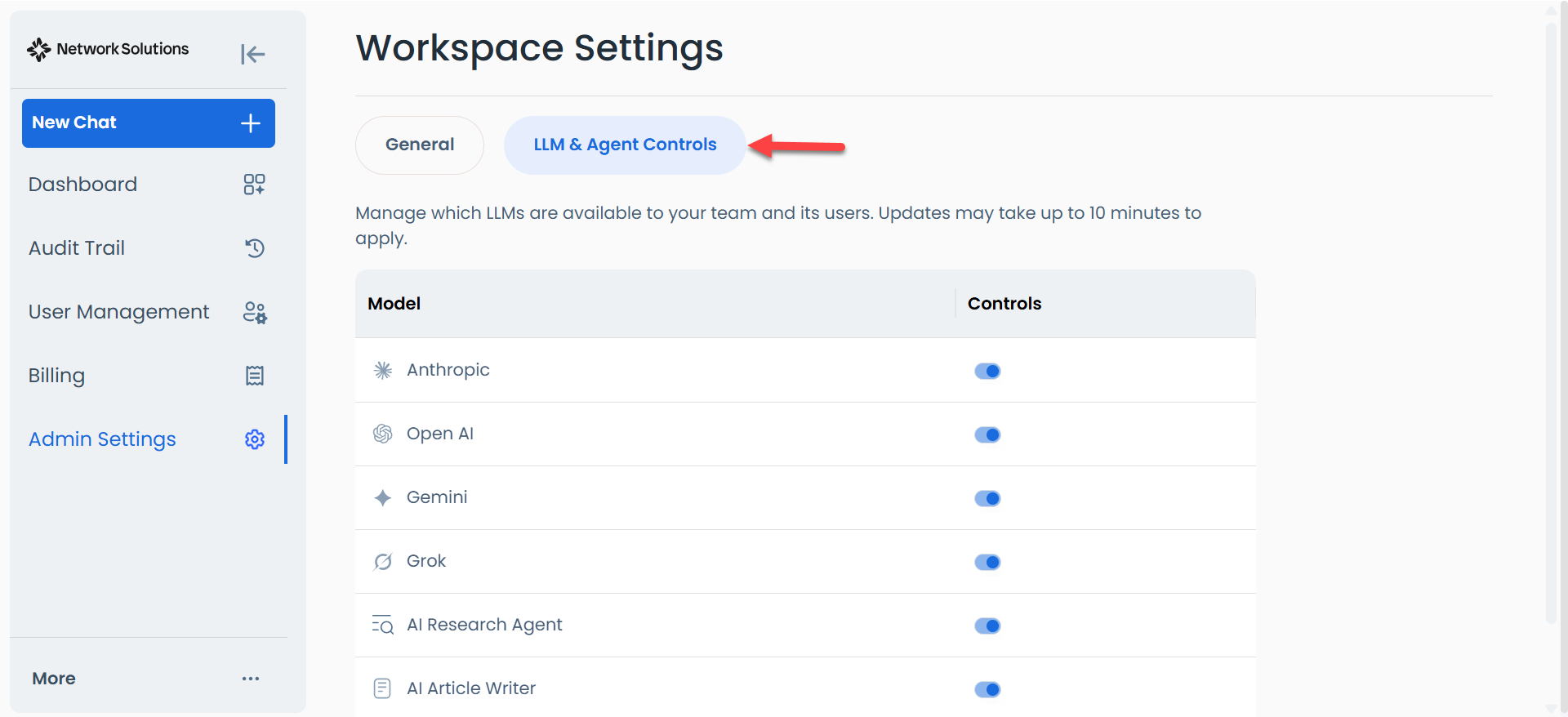 AI All-Access admin console - Admin Settings - LLM & Agent Controls