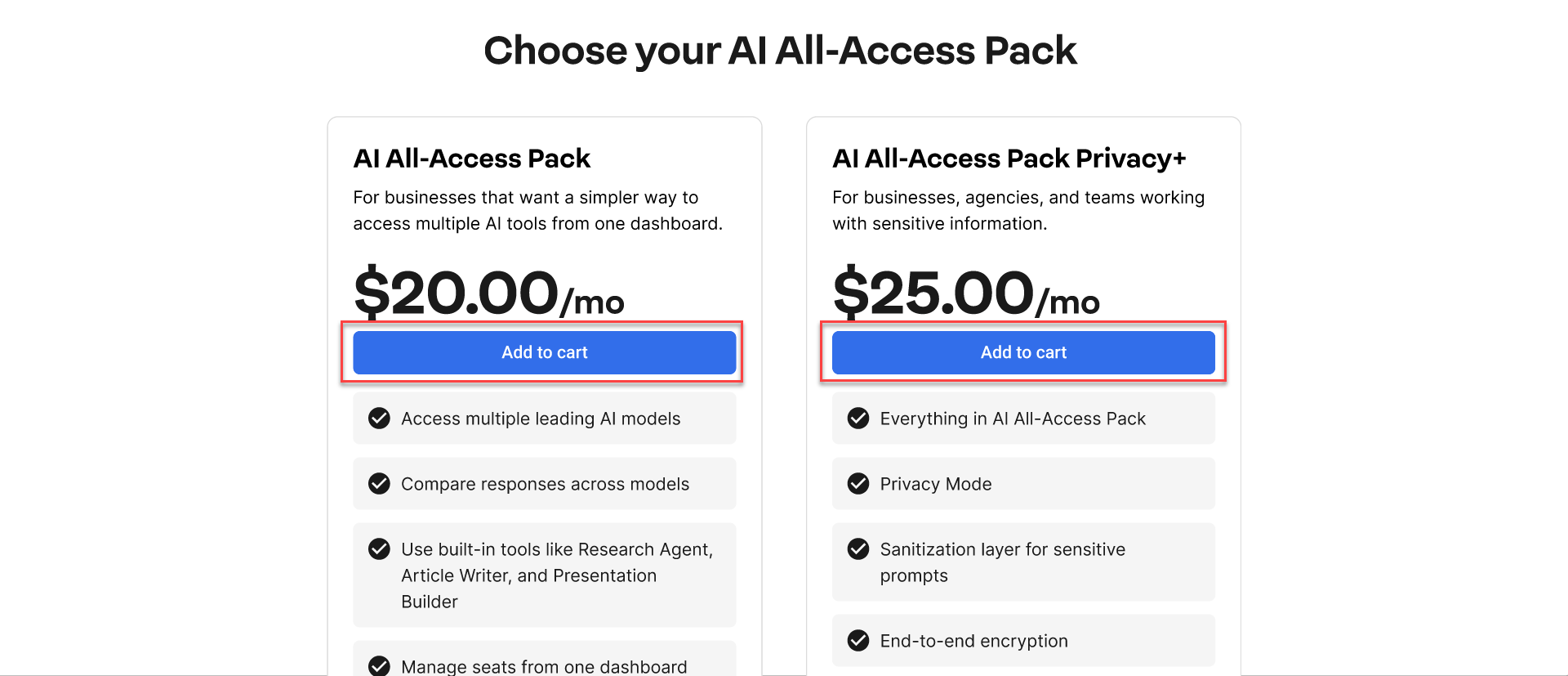 Choose you AI All-Access Pack section