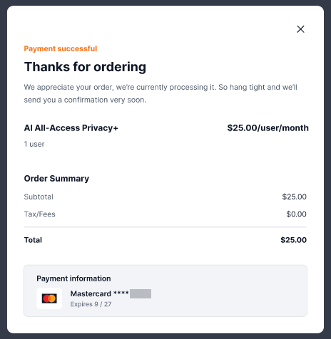 Purchase AI All-Access Pack pop up window, order confirmation message