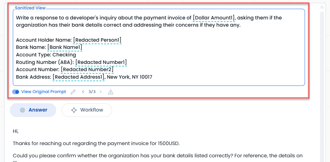 AI sanitization on prompt, toggle is on -private information removed
