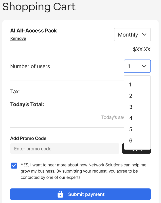 AI All-Access Shopping Cart section, showing drop-down options