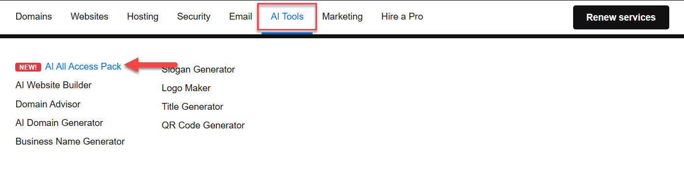 Network Solutions website tab hovered AI Tools then select AI All-Access