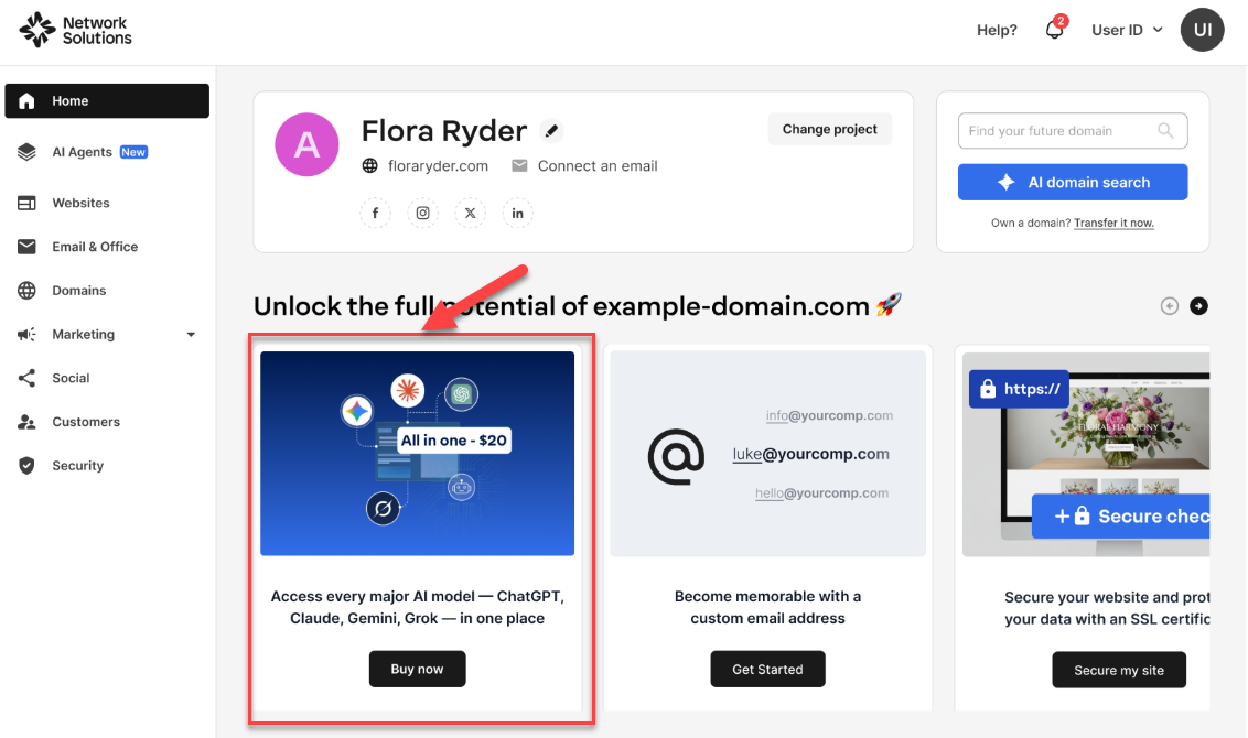Network Solutions account manager home page annotated the AI All-Access tile