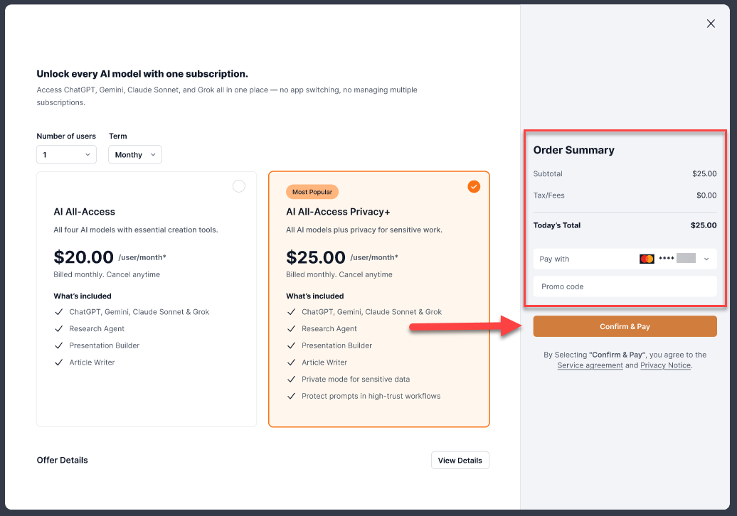 Purchase AI All-Access Pack pop up window, review order and confirm & pay