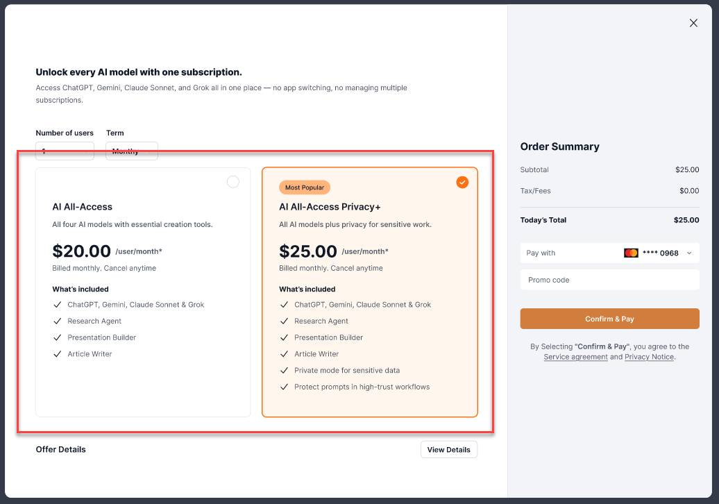 Purchase AI All-Access Pack pop up window, select plan type