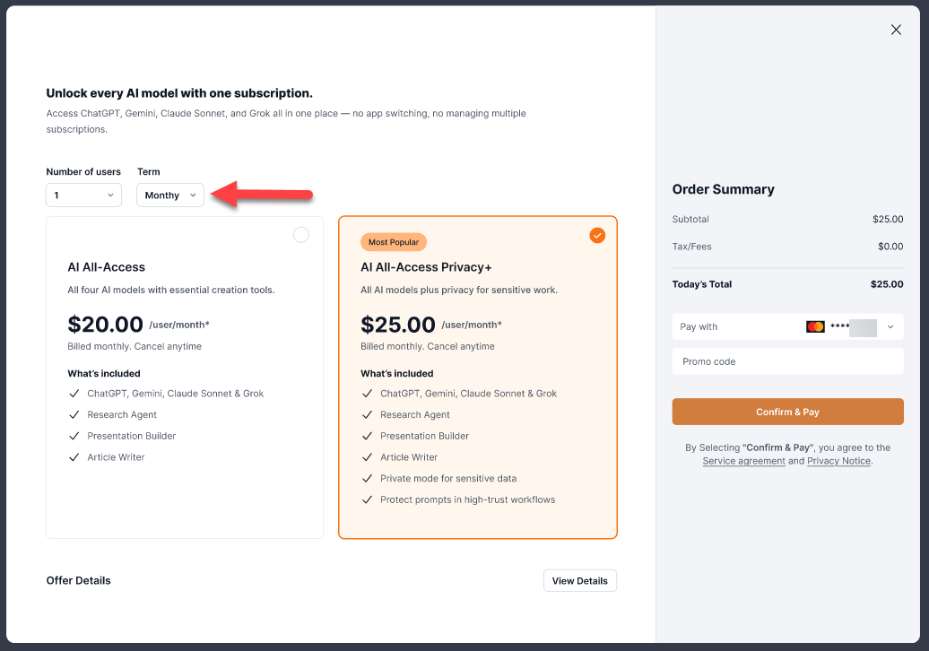 Purchase AI All-Access Pack pop up window, select number of users and term