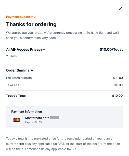 Upgrade Payment Confirmation