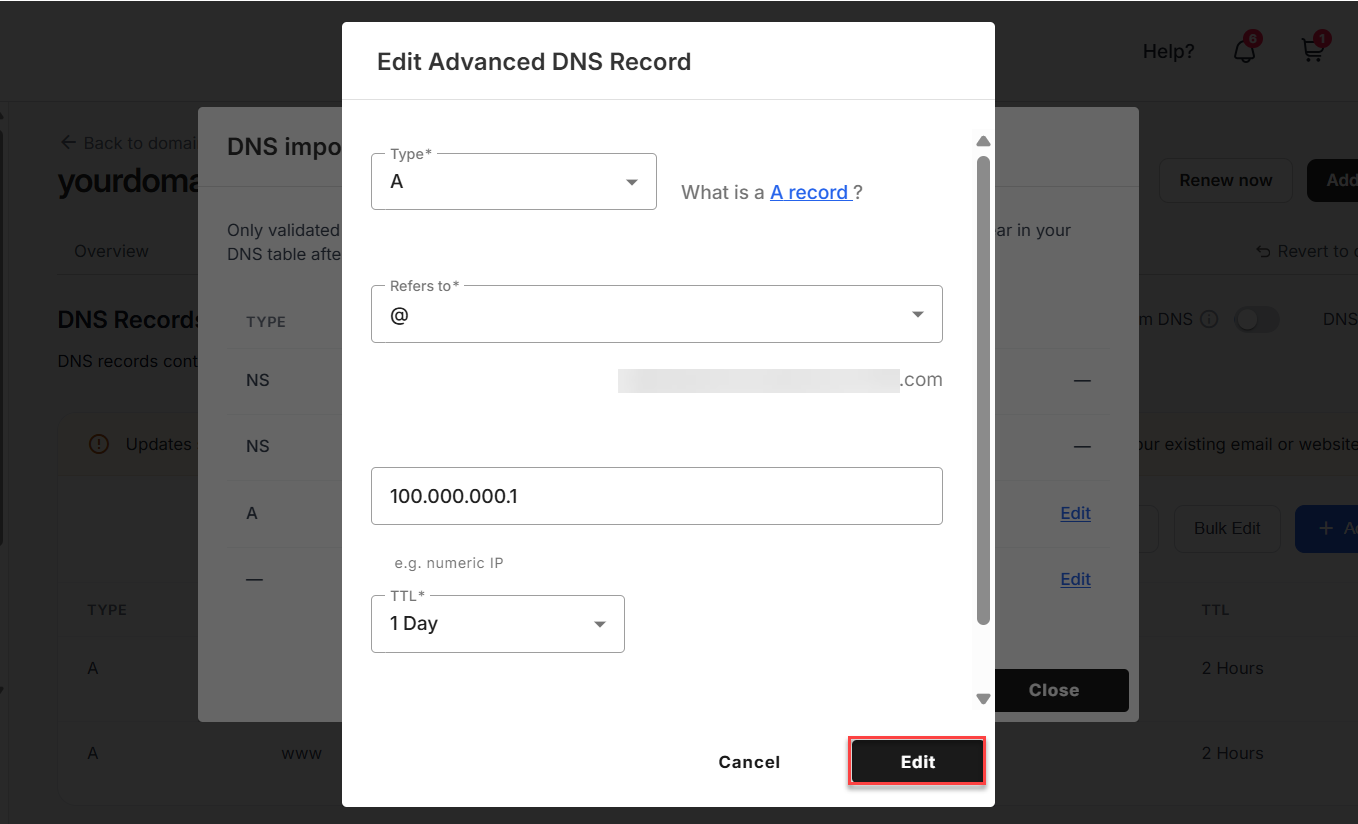 Edit DNS record to import