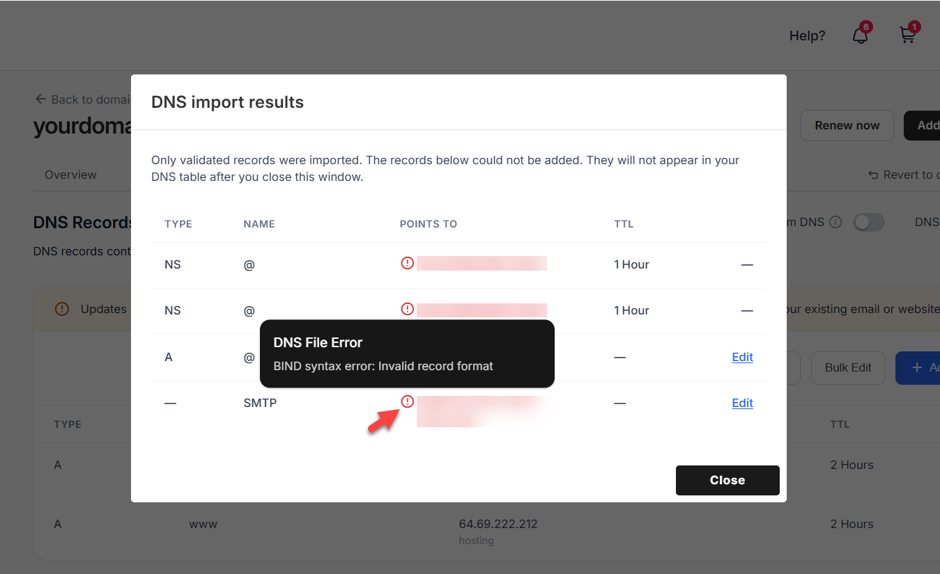 Hover over the red exclamation point to check the reason why it was not imported successfully