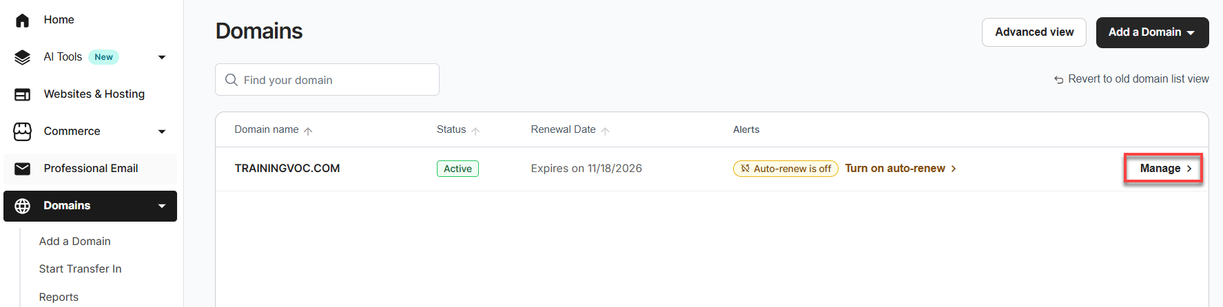 Manage domain button