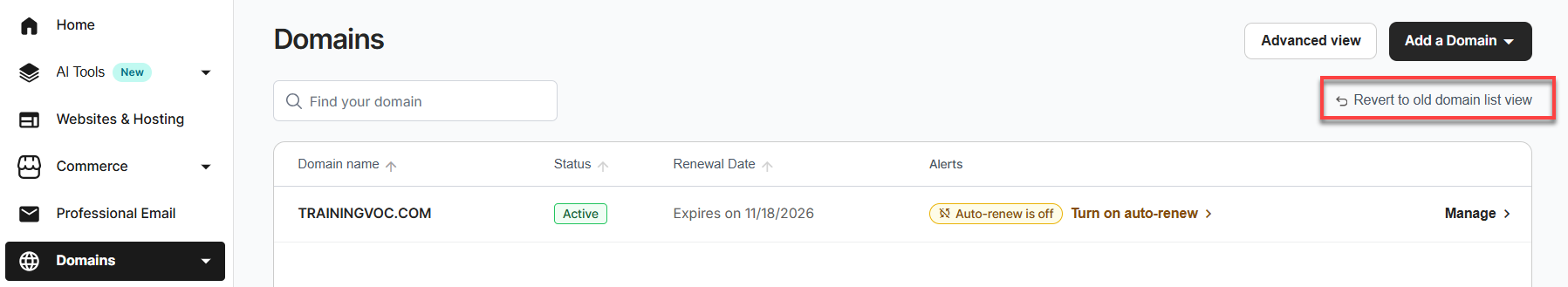 Revert to old domain list view