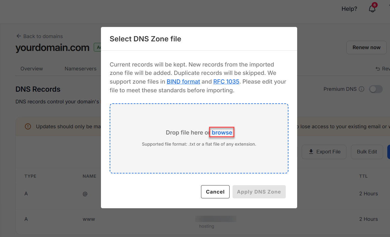 Drag and drop the DNS zone file or click browse