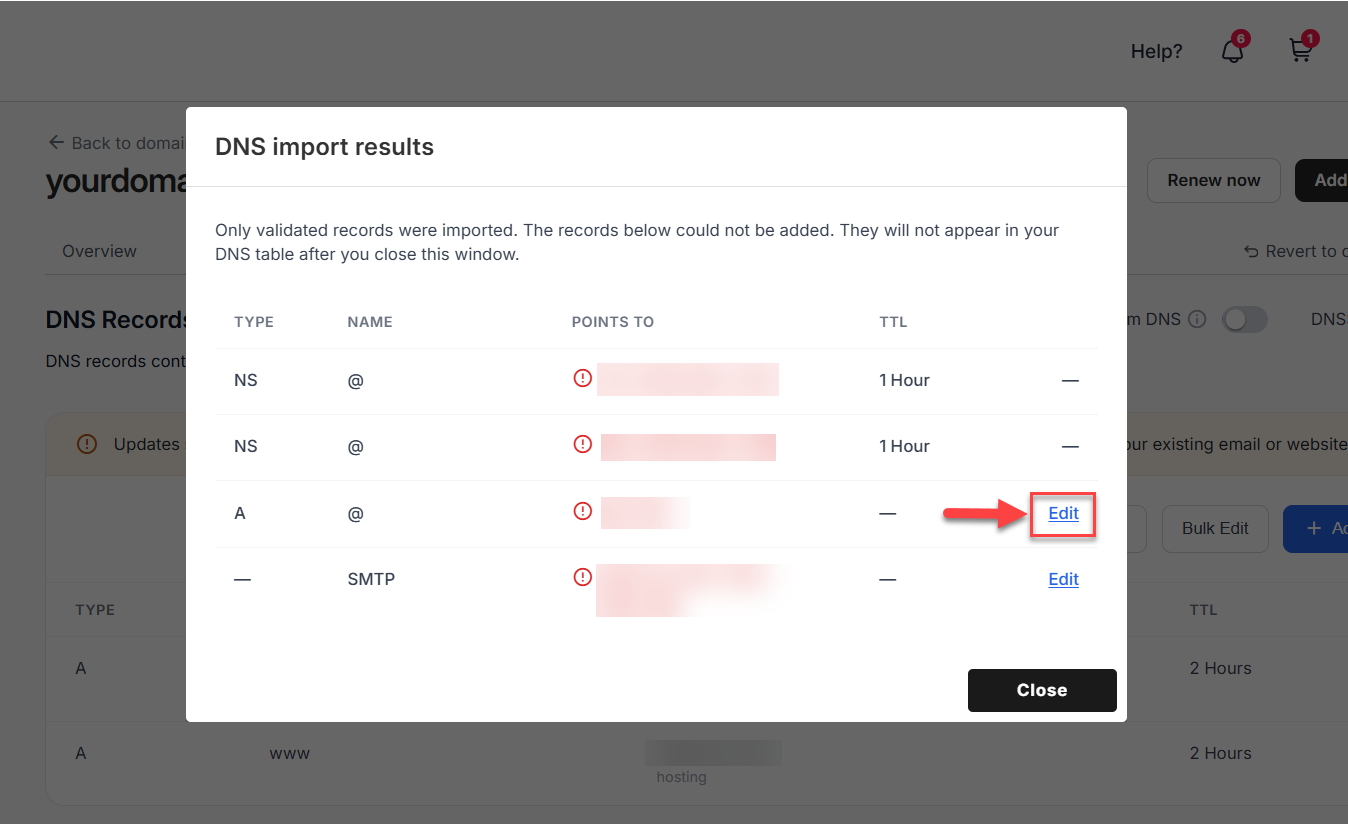 Click the Edit button beside the DNS record that was not imported