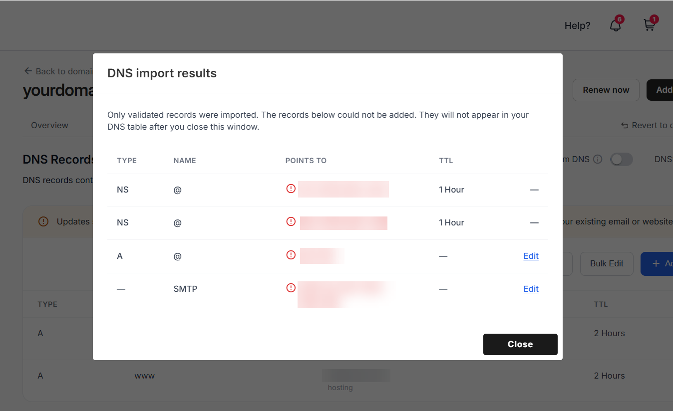 Import DNS zone file errors pop-up