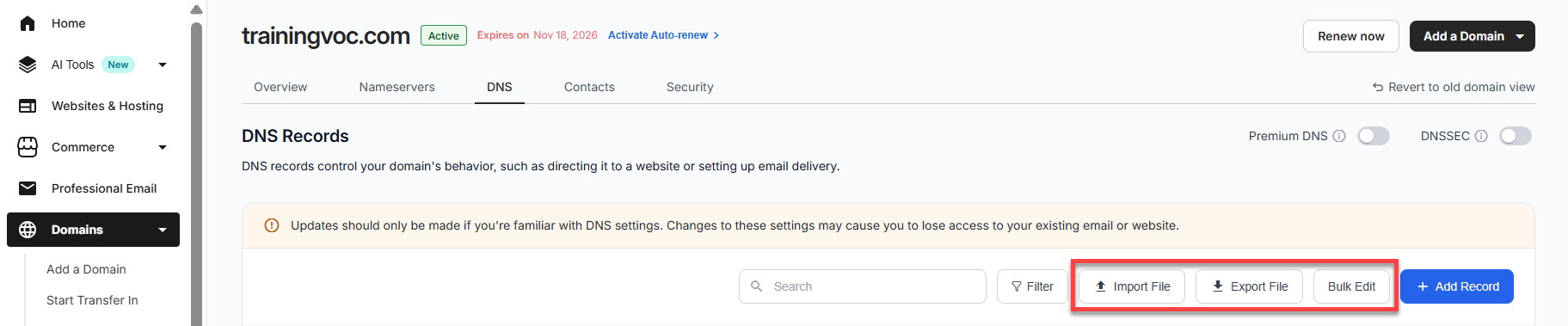 Import file, Export file and Bulk edit buttons in DNS management page