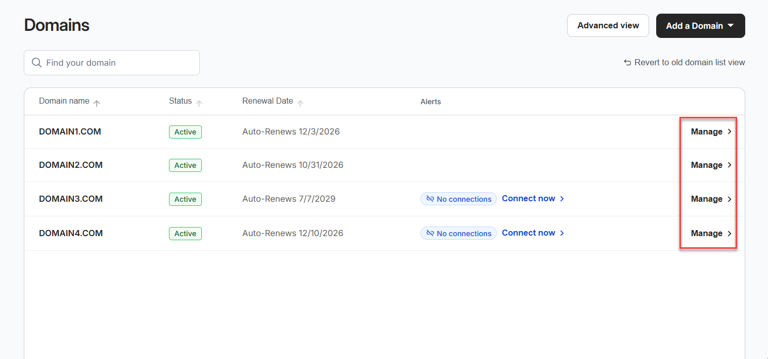 Select the domain you want to update, click Manage