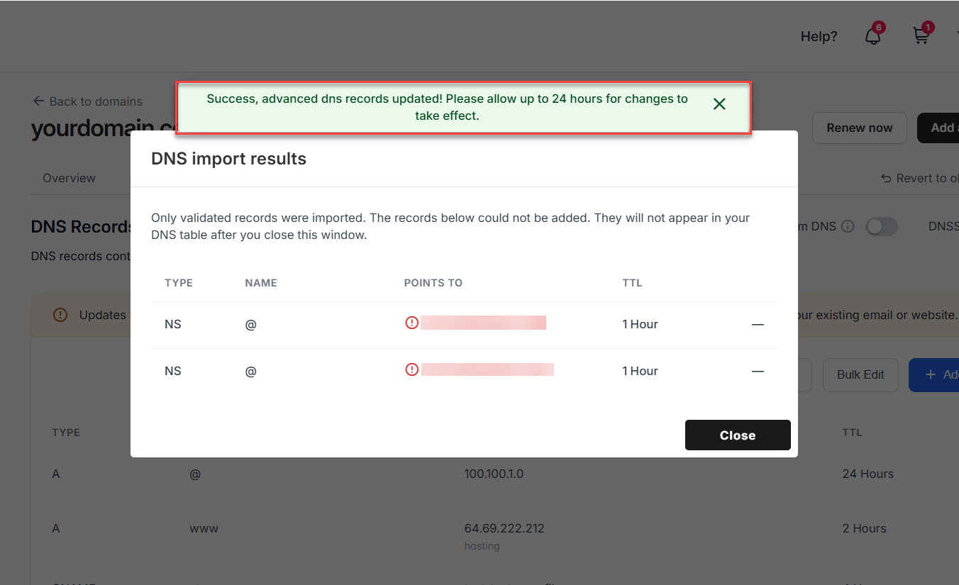 Successfully imported DNS zone file message