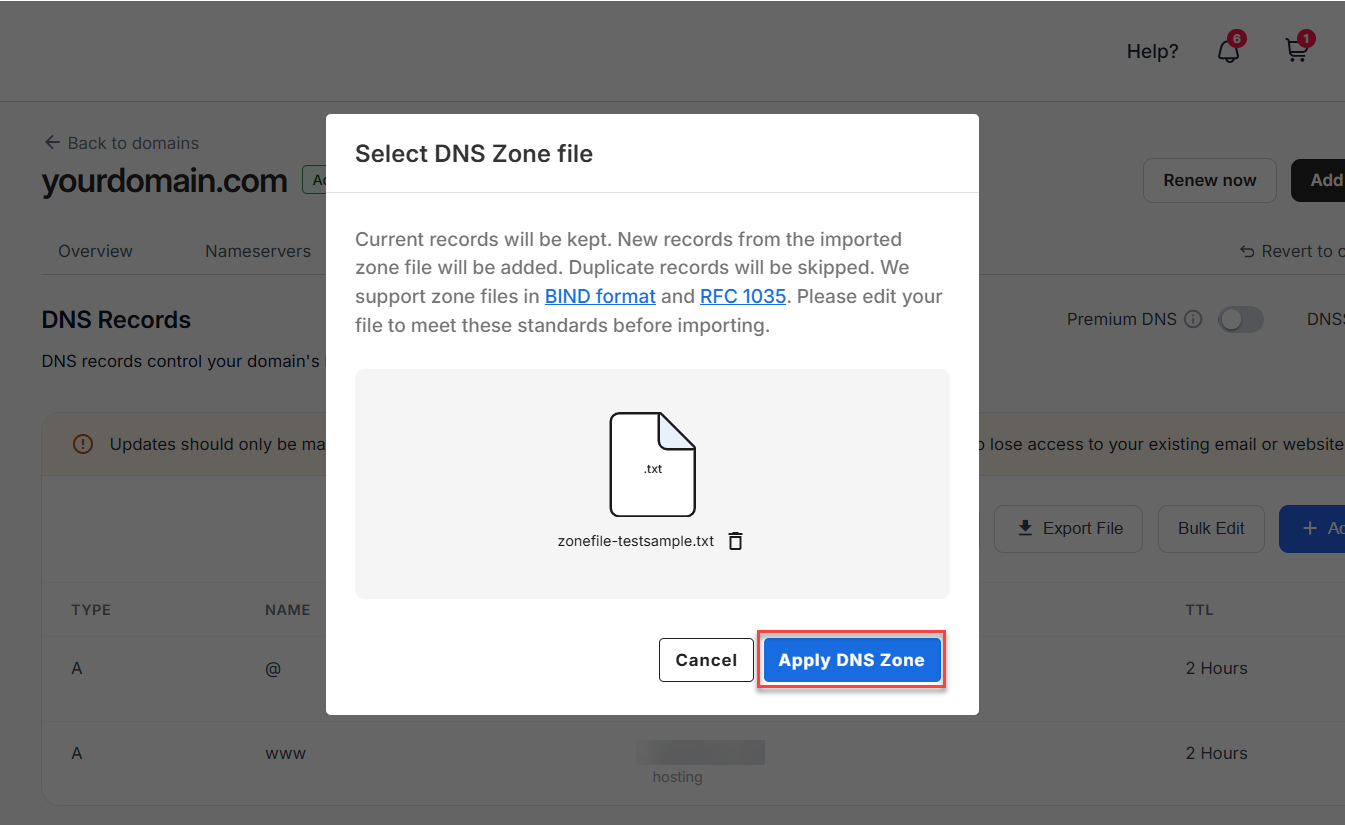 Click Apply DNS Zone