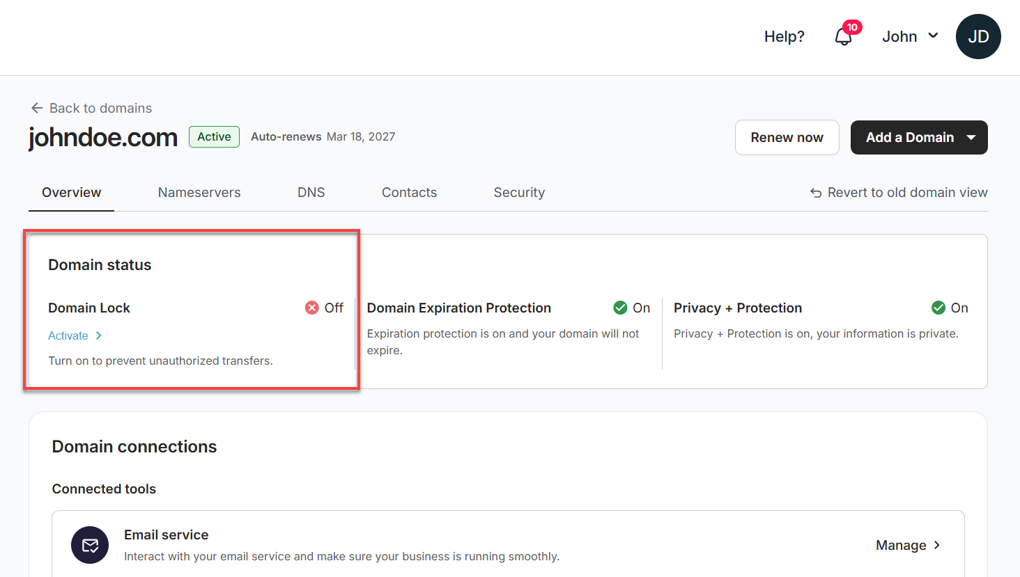 Domain Locked status under Domain Overview