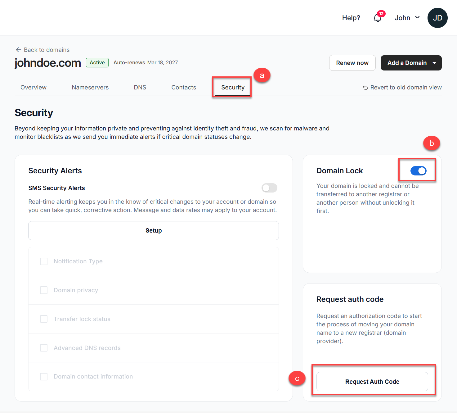 Domain lock Request Auth code