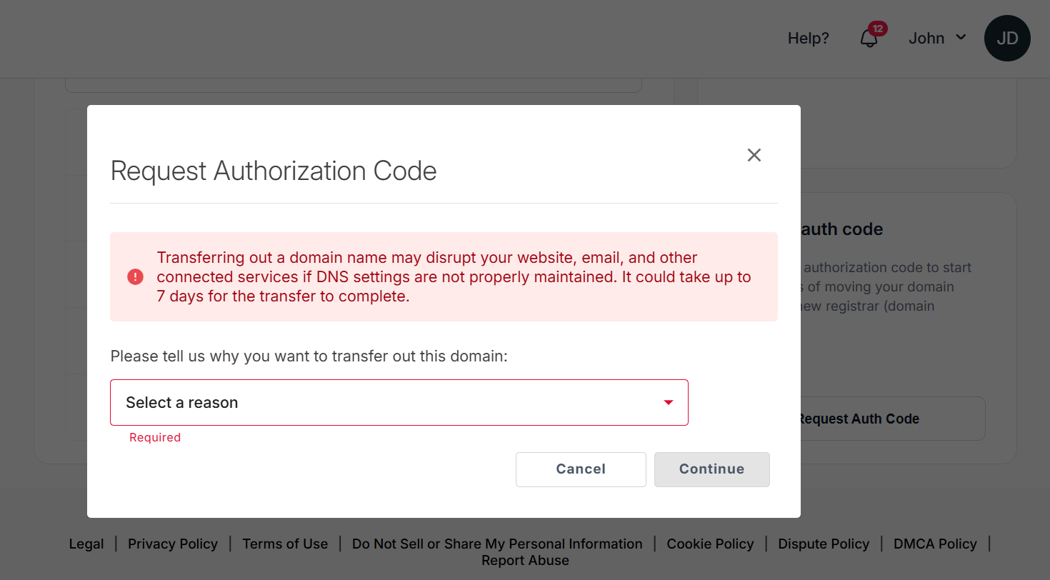 Request Auth code Transfer reason