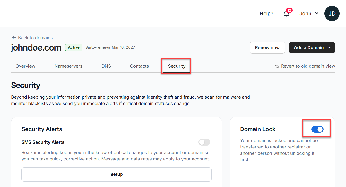 Domain Locked status under Domain Overview