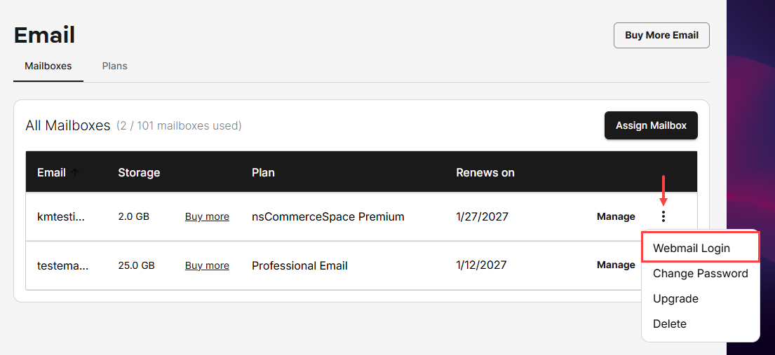 Vertical ellipsis and Webmail Login option