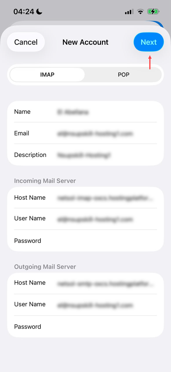 new account imap pop field