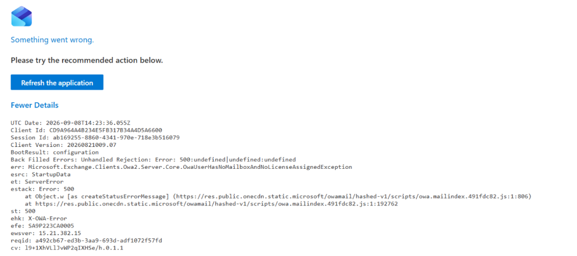 Outlook on the web's "Something went wrong" (500 error) when signing in