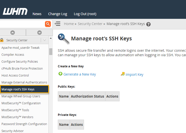 click on Manage Root SSH Keys