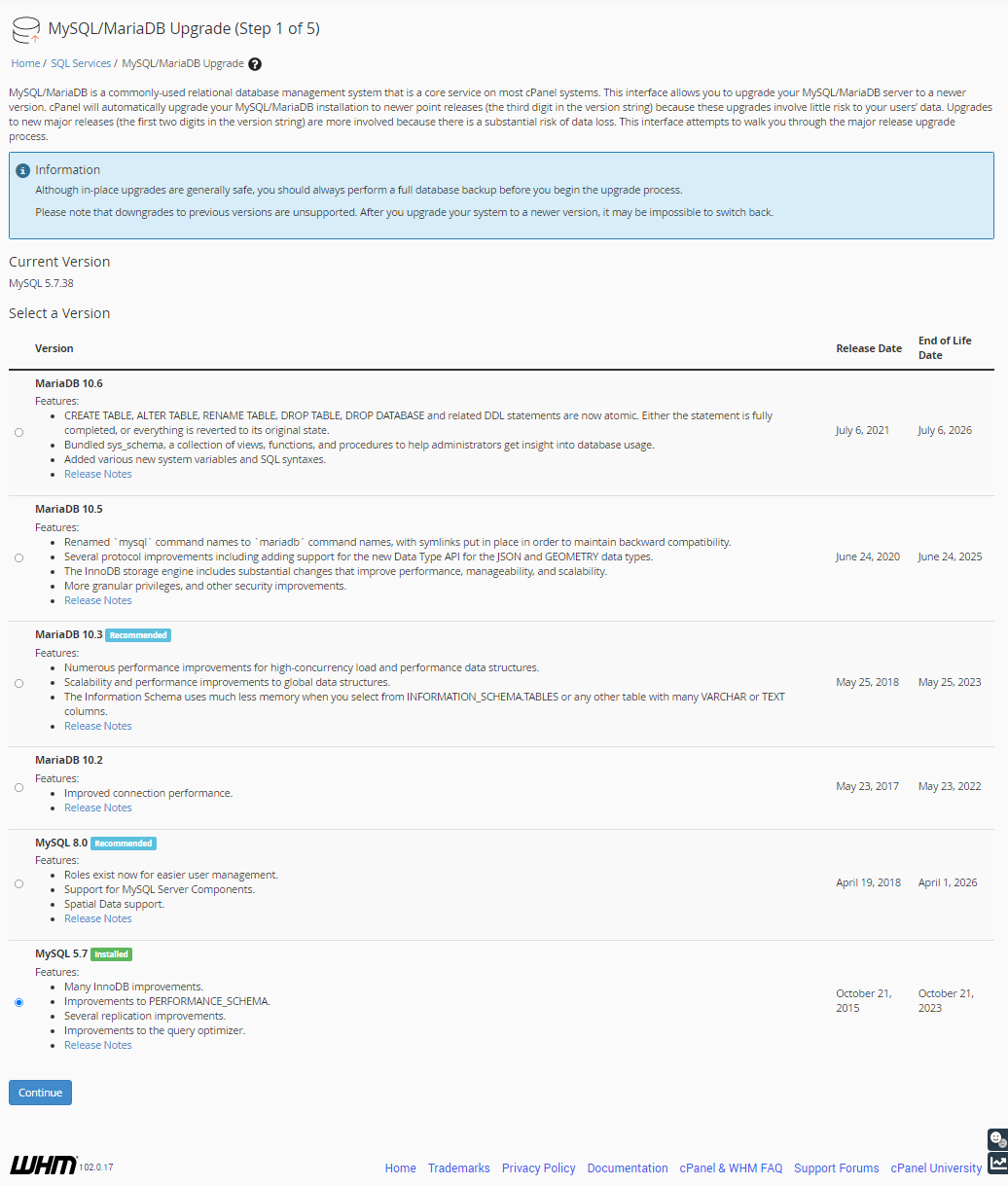 MySQL/MariaDB Upgrade
