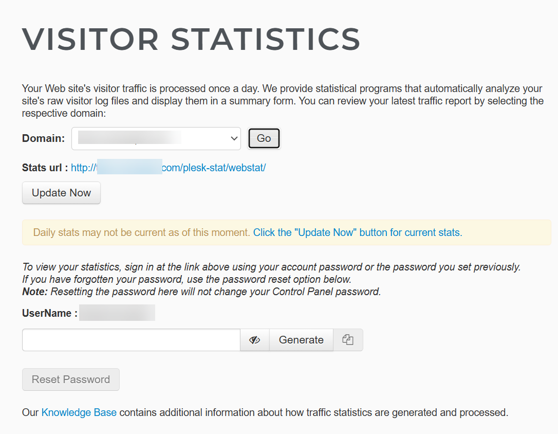 Visitor Statistics page for Windows hosting accounts
