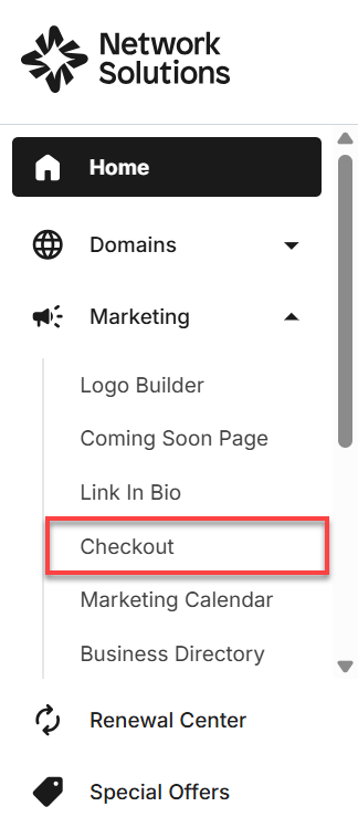 Checkout option under Marketing in the left navigation menu