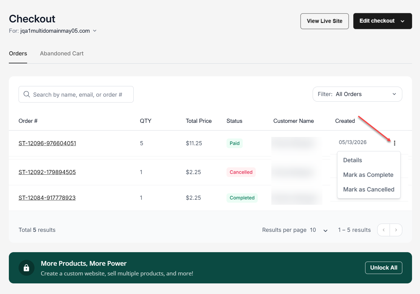 Actions menu in the Checkout Orders tab