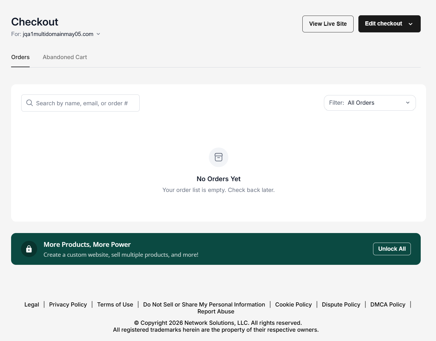 Orders tab in Checkout management page