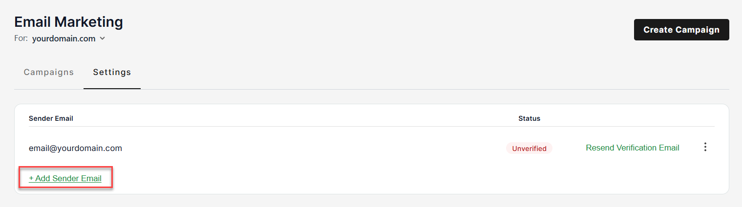 Email Marketing Settings, click +Add Sender Email link