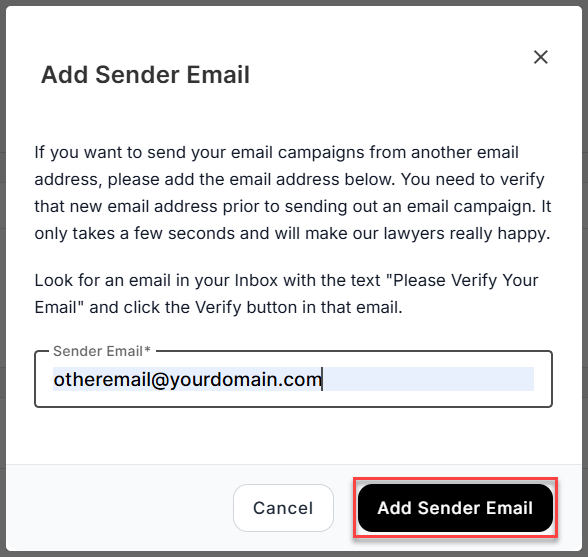 Add sender email pop-up window, click Add Sender Email button