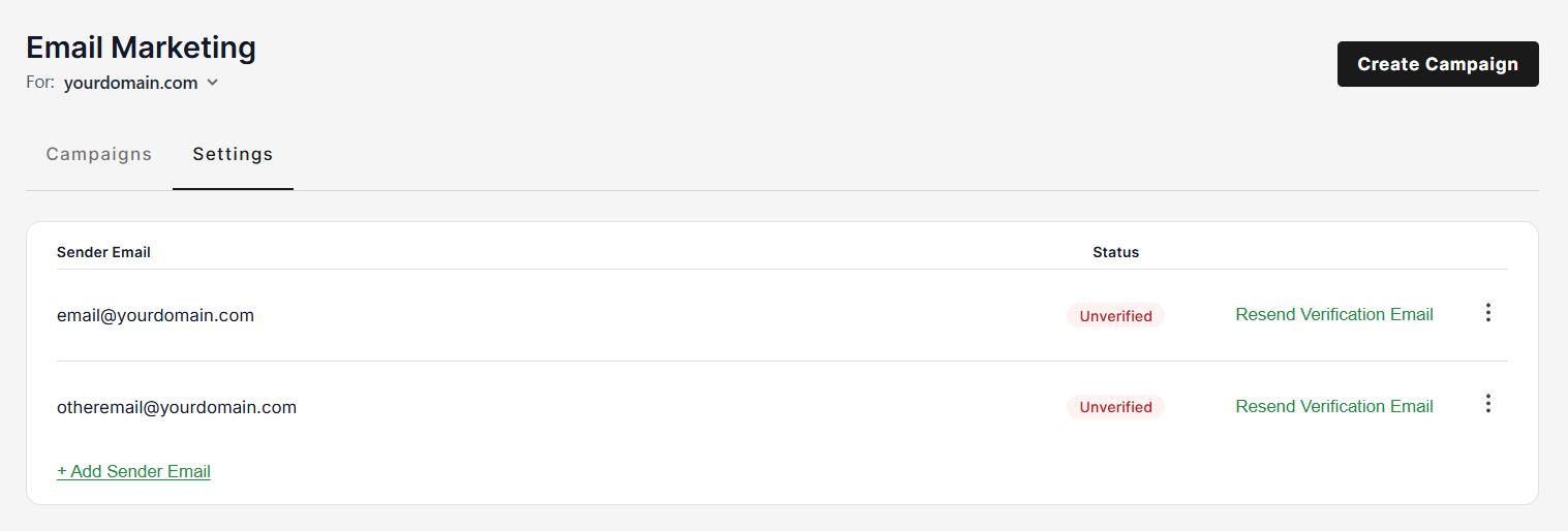 Email Marketing Settings - Showing 2 sender emails