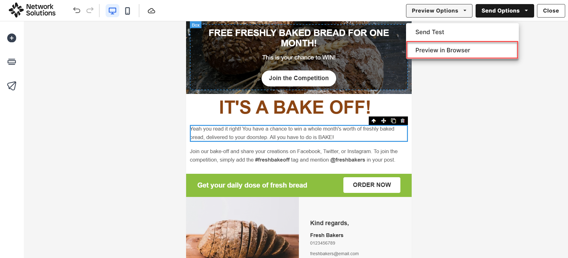Inside campaign editor, choosing Preview in Browser option
