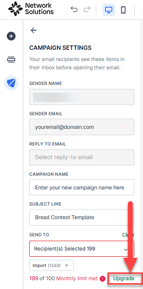 Campaign Send Settings - Upgrade link