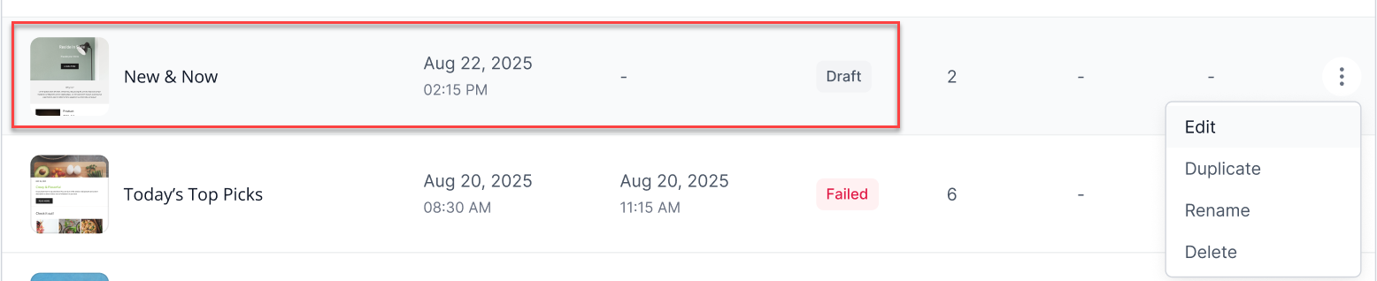 Campaign is in draft status with available actions